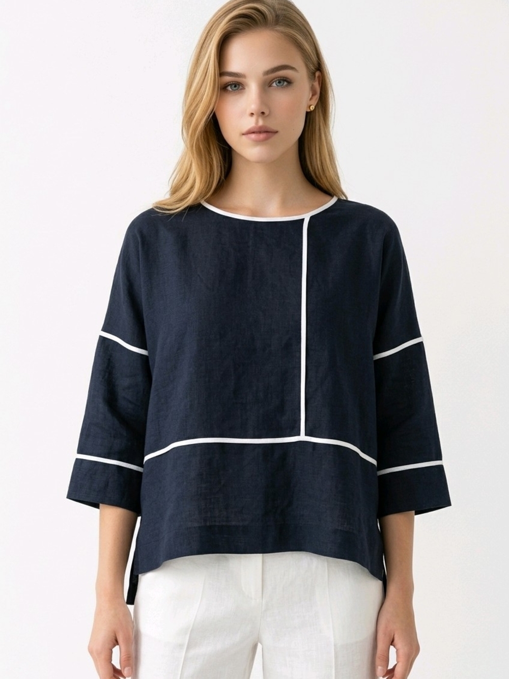 IC By Connie K Linen Boxy Top with White Piping